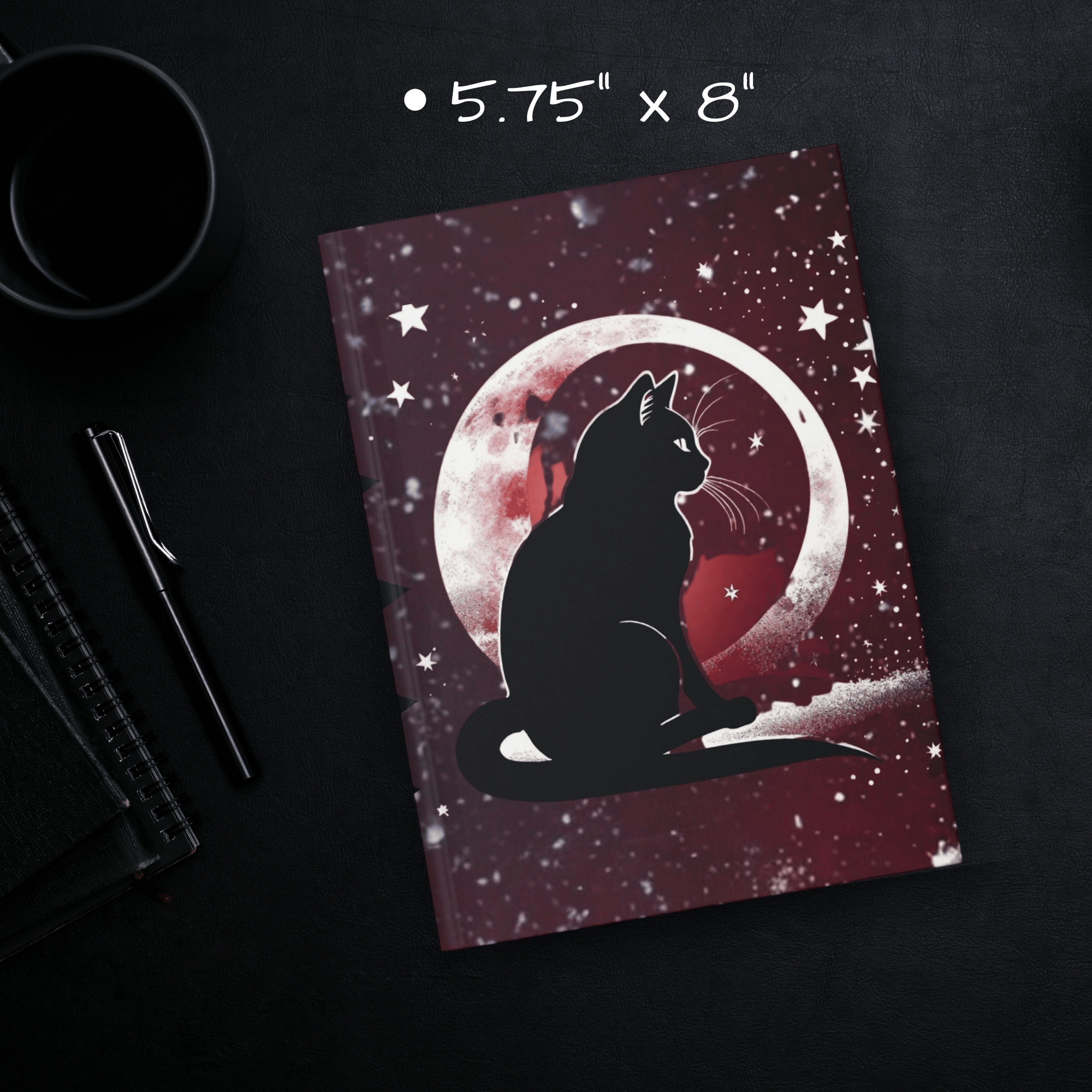 Gothic Black Cat Full Moon Journal — Crimson Starfield Hardcover Spell Book