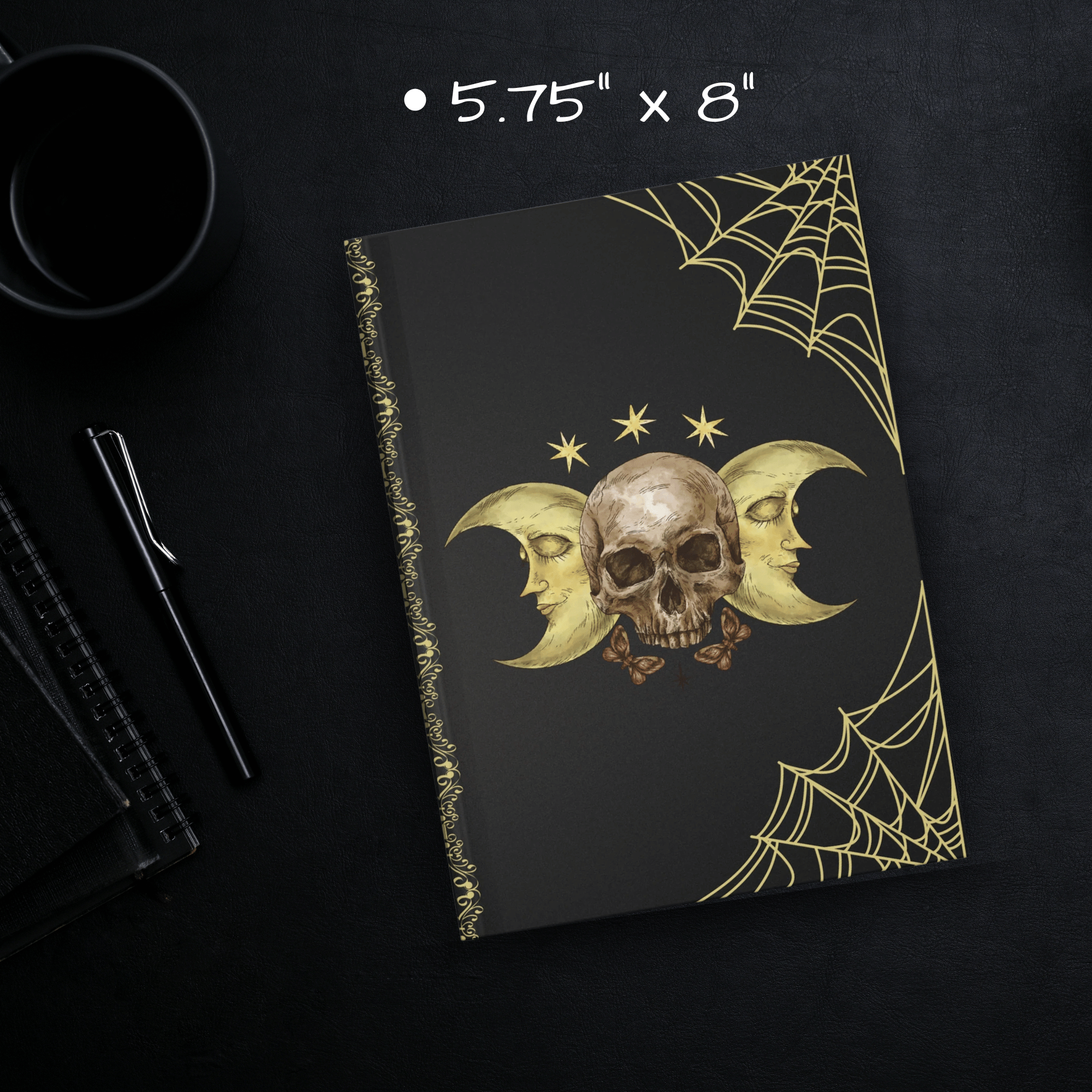 Gothic Skull & Crescent Moon Journal — Gold Spider Web Hardcover Spell Book