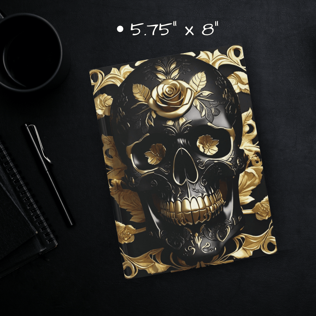 Gothic Black & Gold Skull Journal — Dark Floral Rose Hardcover Spell Book