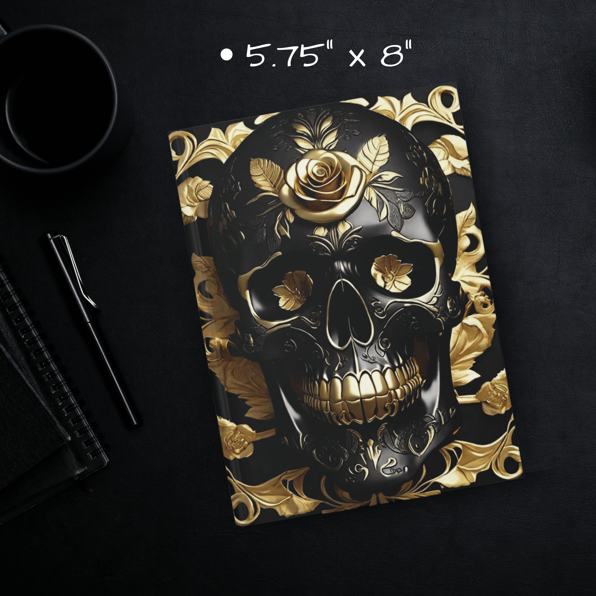 Gothic Black & Gold Skull Journal — Dark Floral Rose Hardcover Spell Book