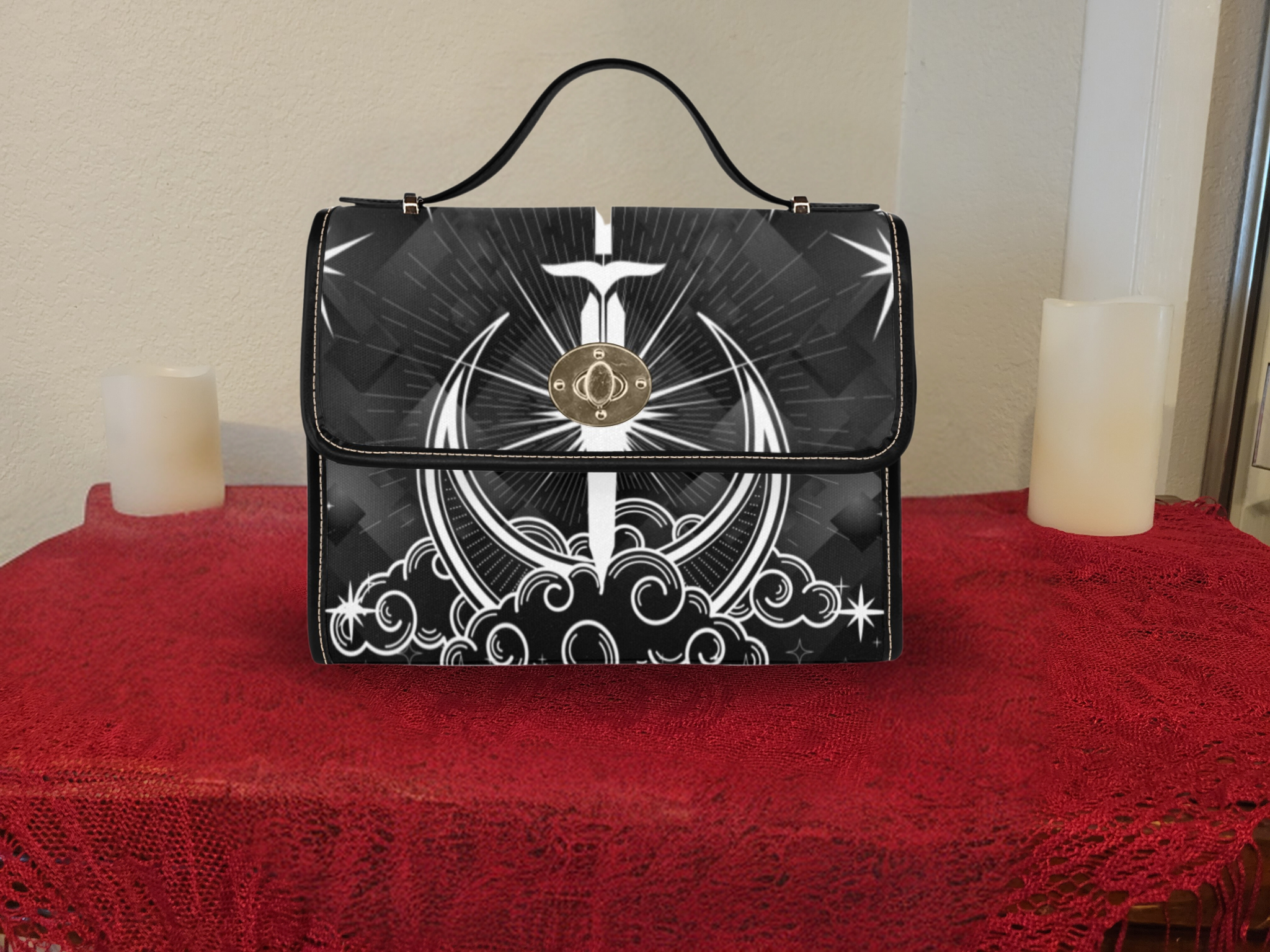 Gothic Celestial Sword Moon Handbag | Witchy Waterproof Canvas Crossbody Purse