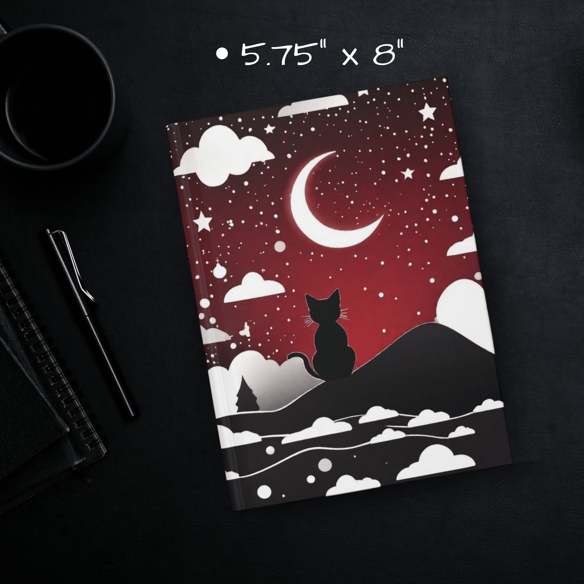 Gothic Black Cat Midnight Journal — Crimson Crescent Moon Hardcover Spell Book
