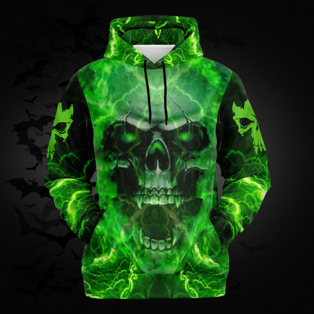 Green Flame Skull All Over Print Hoodie