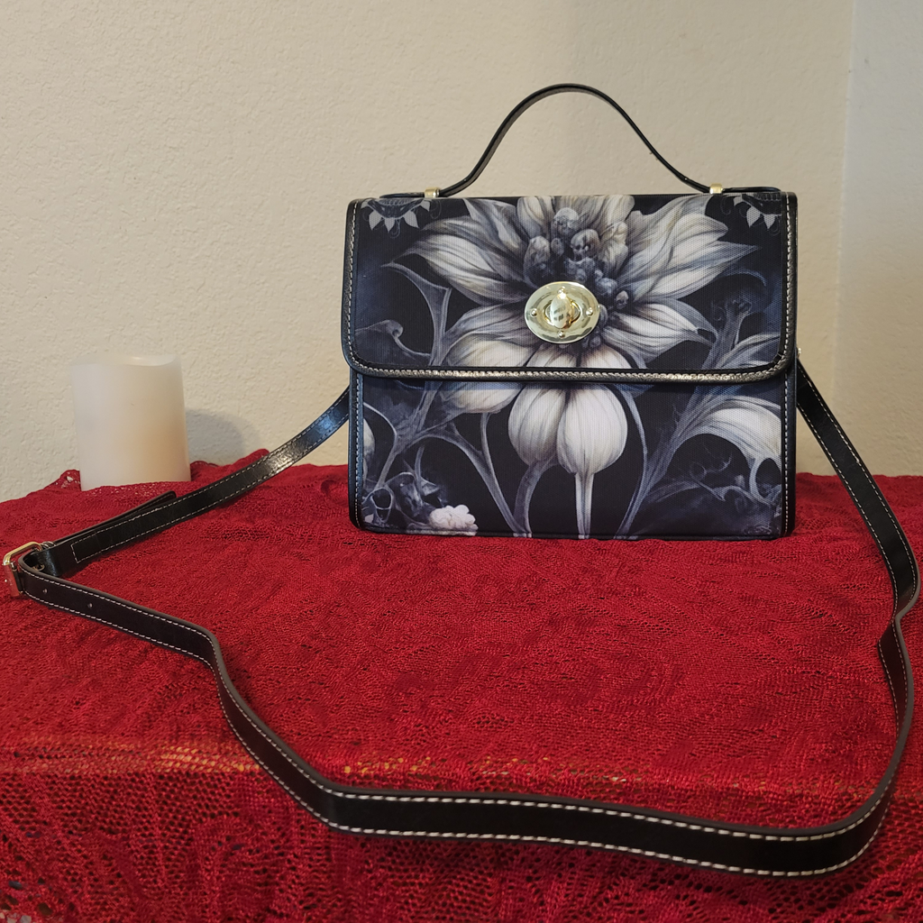 Gothic Botanical Dahlia Handbag | Dark Floral Skull Waterproof Canvas Crossbody Purse