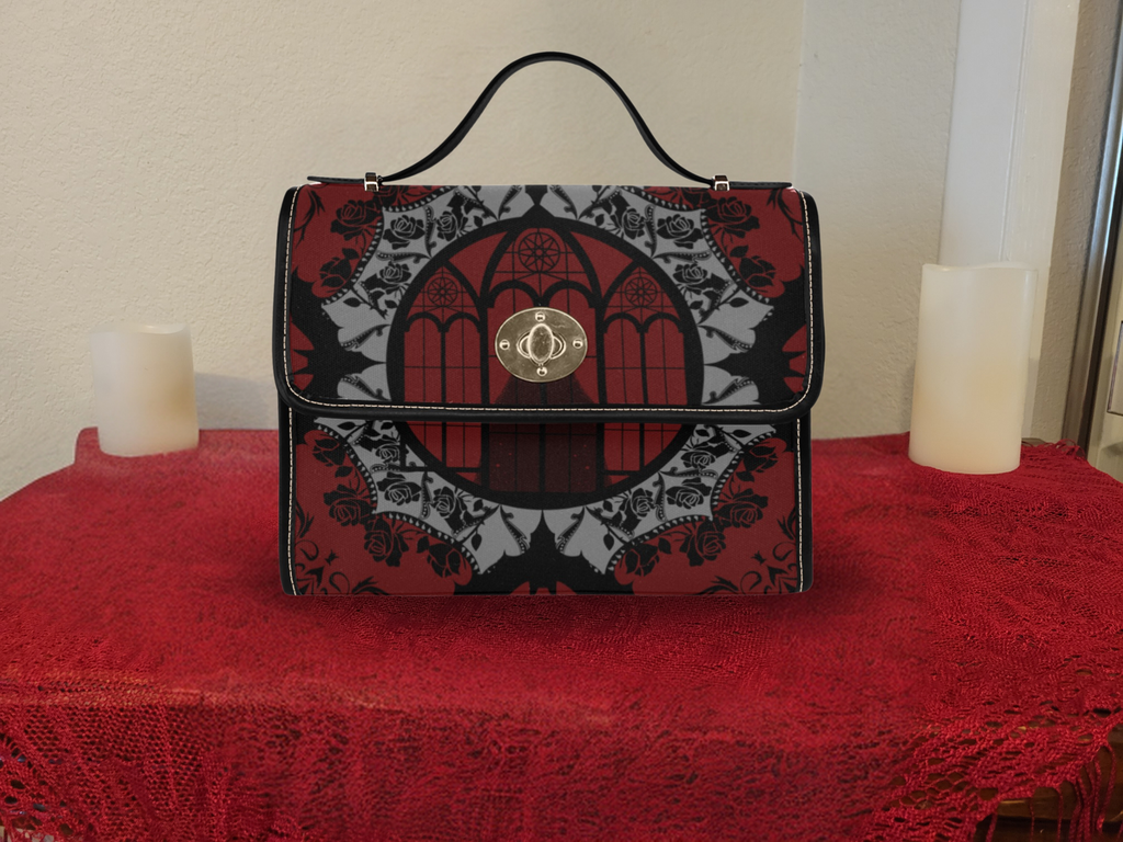 Gothic Cathedral Rose Handbag | Elegant Bat Lace Waterproof Canvas Crossbody Purse
