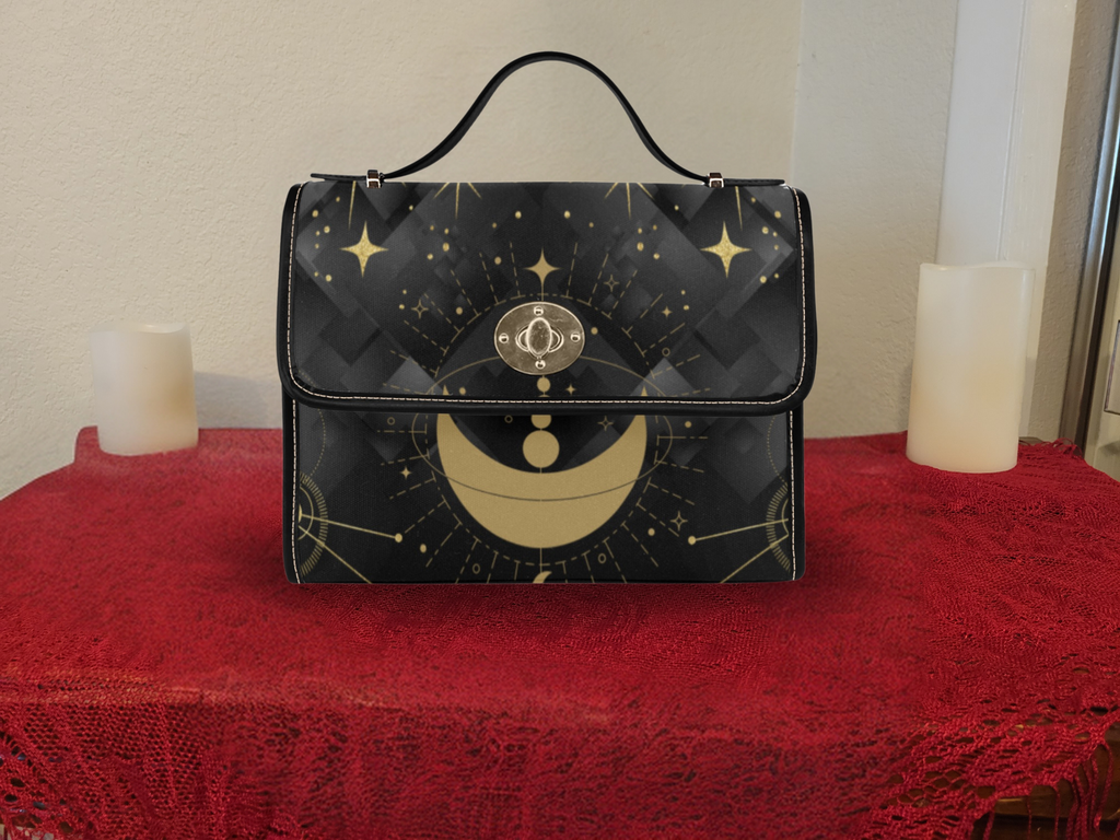 Gold Celestial Moon Handbag | Witchy Constellation Waterproof Canvas Crossbody Purse