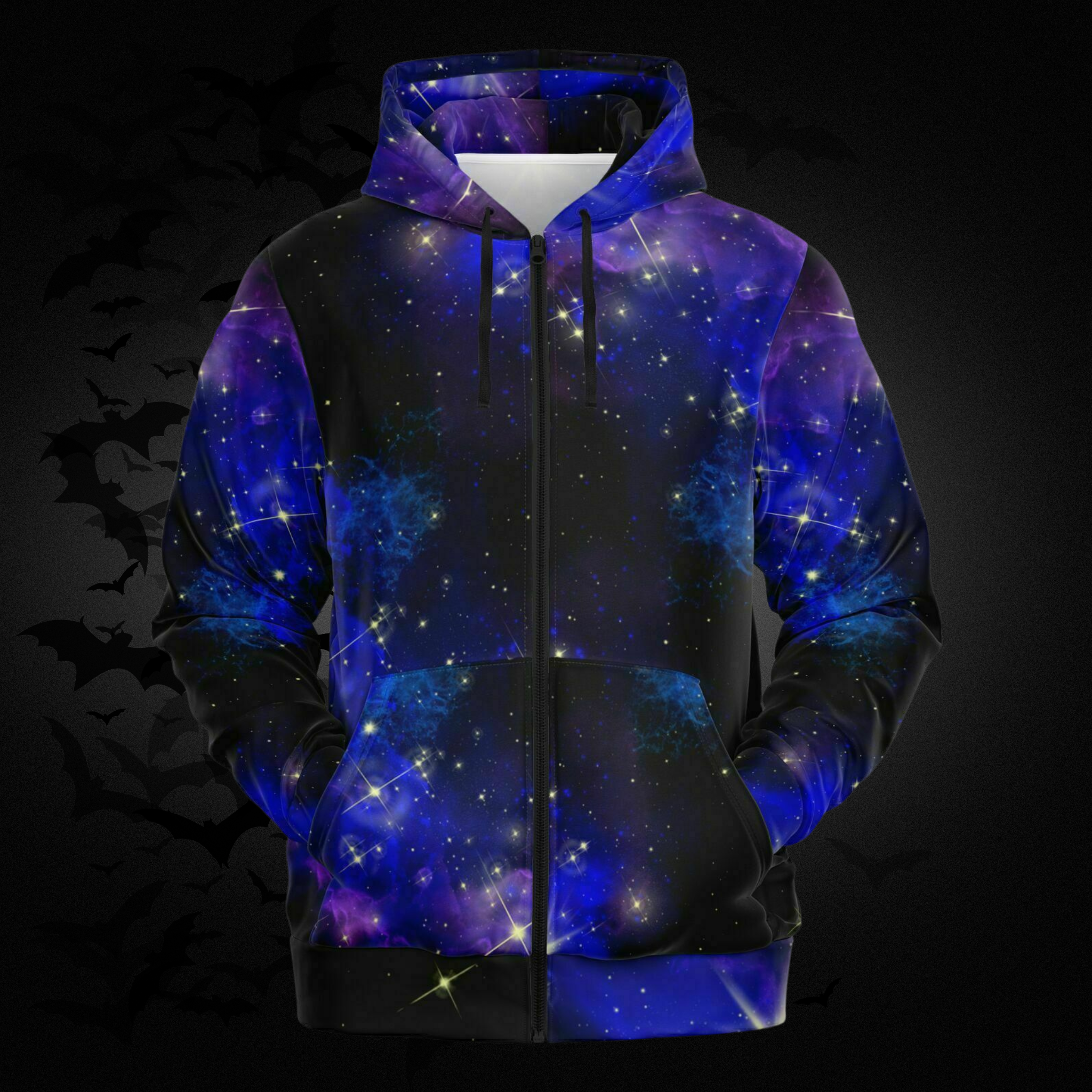 Hoodie with galaxy design on a dark background