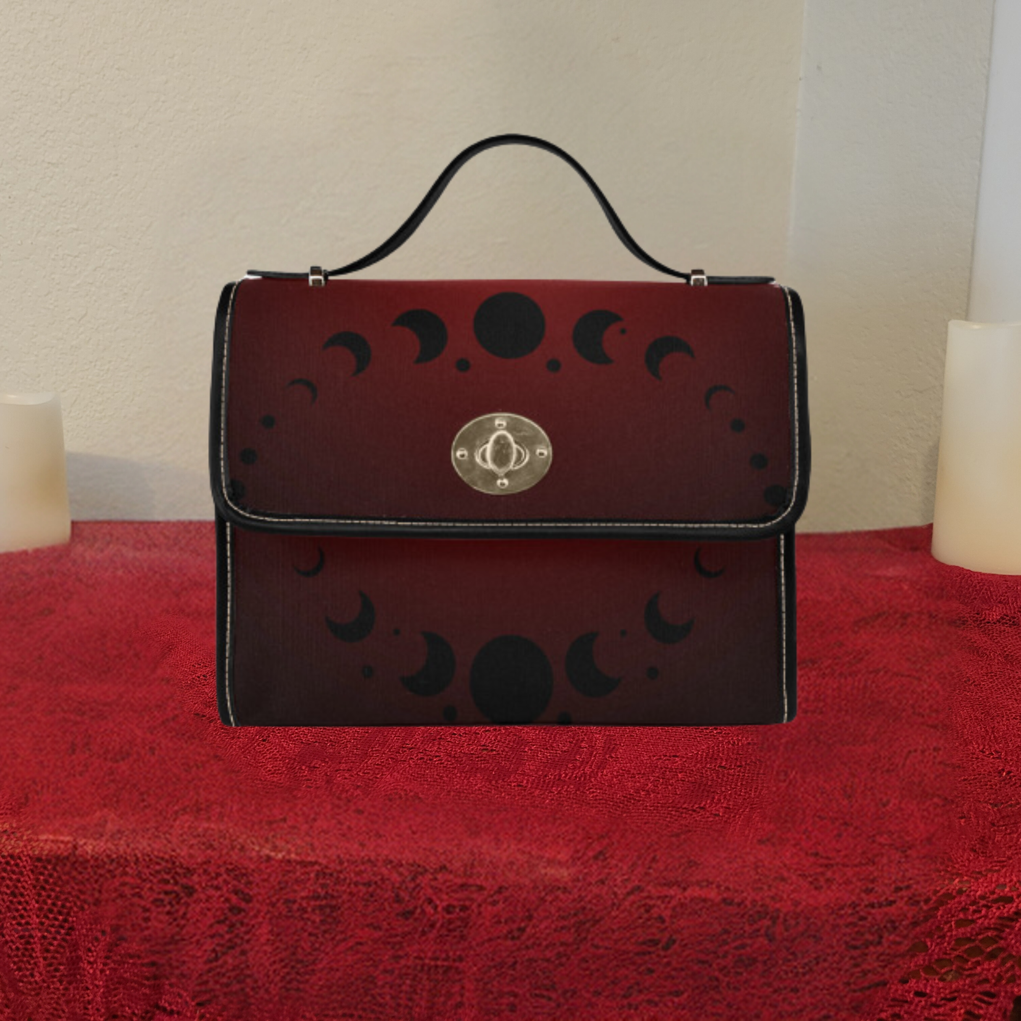 Gothic Moon Phase Handbag | Crimson Dark Academia Waterproof Canvas Crossbody Purse
