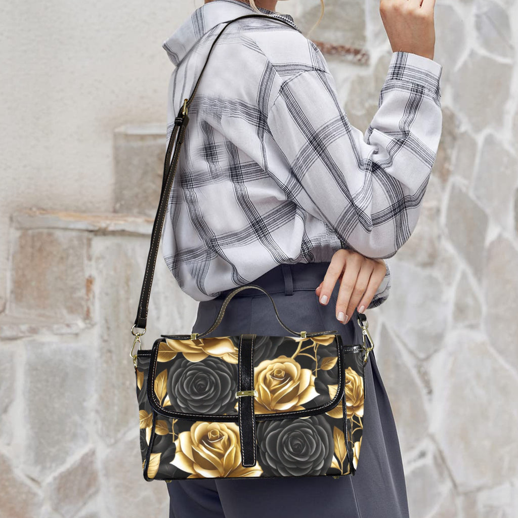 Gold and Black Rose Crossbody Satchel Bag — Waterproof Canvas Shoulder Bag