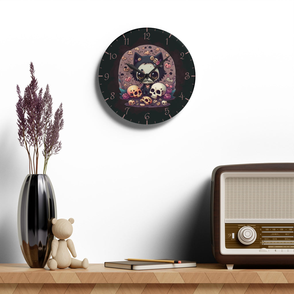 Skull Face Goth Cat Wall Clock — Pastel Goth Acrylic Art Print Home Decor