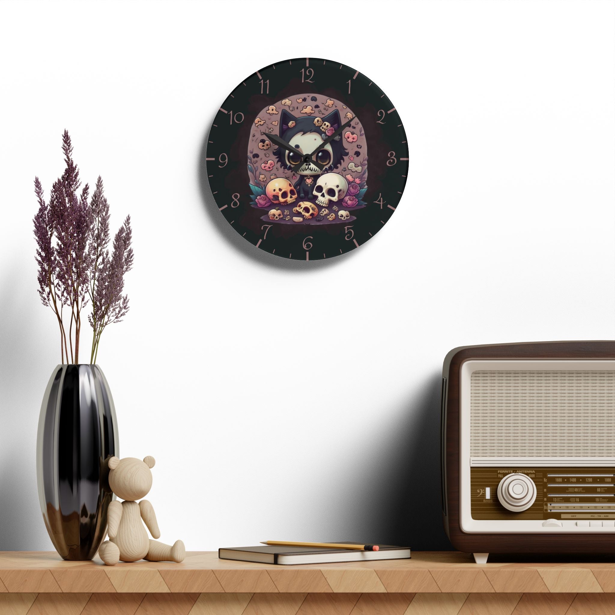 Skull Face Goth Cat Wall Clock — Pastel Goth Acrylic Art Print Home Decor