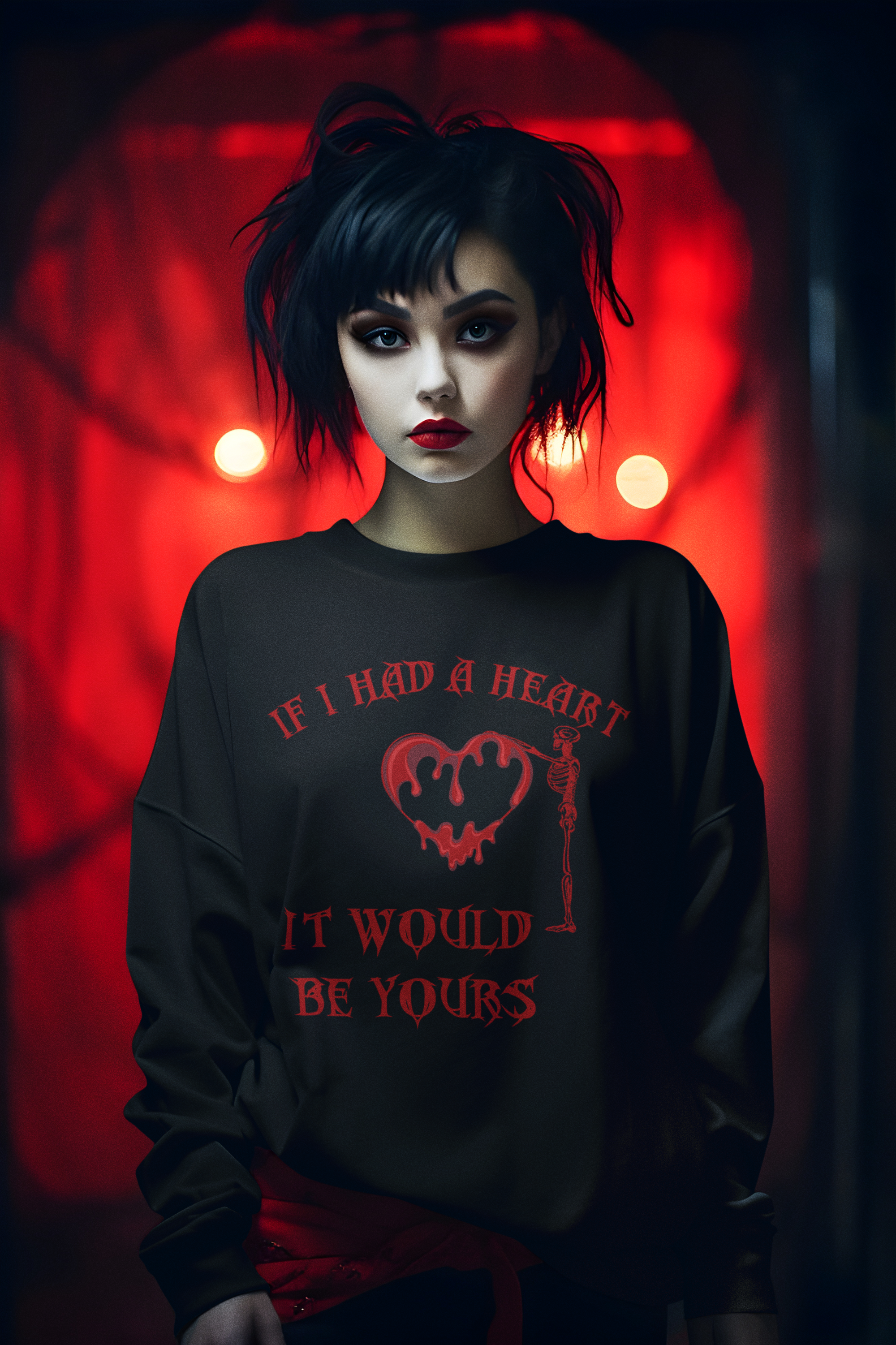 Black crewneck sweatshirt with red dripping melting heart and skeleton graphic with "If I Had a Heart It Would Be Yours" text worn by a woman against a red lit background