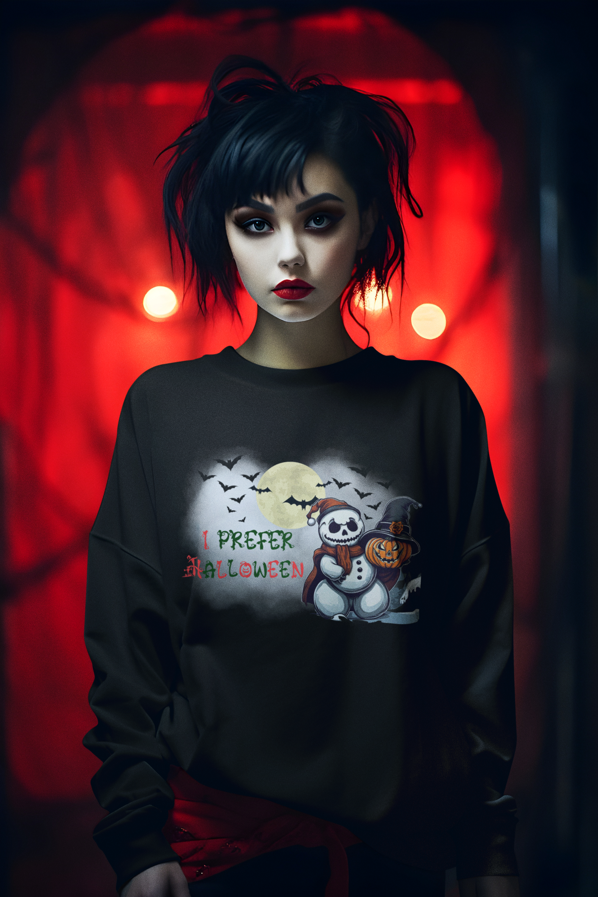 Dark crewneck sweatshirt with skull-faced snowman in jester hat, jack-o-lantern in witch hat, bats, full moon, and "I Prefer Halloween" text worn by a woman against a red lit background