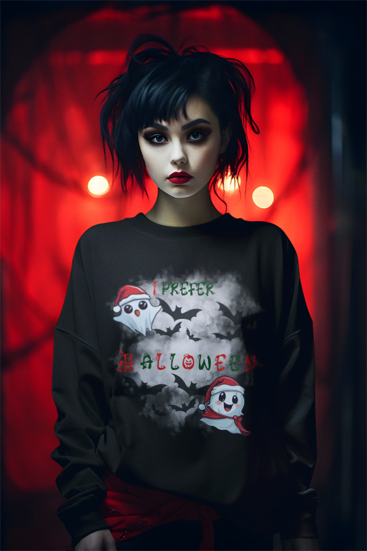 
Dark crewneck sweatshirt with two kawaii ghosts in Santa hats, bats, misty clouds, and "I Prefer Halloween" text in red and green worn by a woman against a red lit background