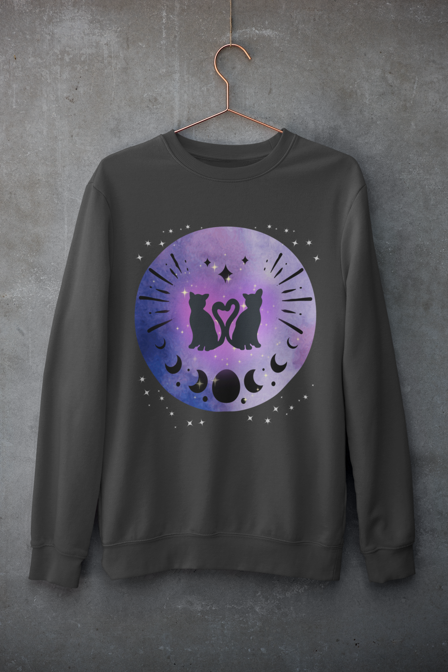 Celestial Twin Cats Heart Moon Crewneck Sweatshirt — Witchy Moon Phase