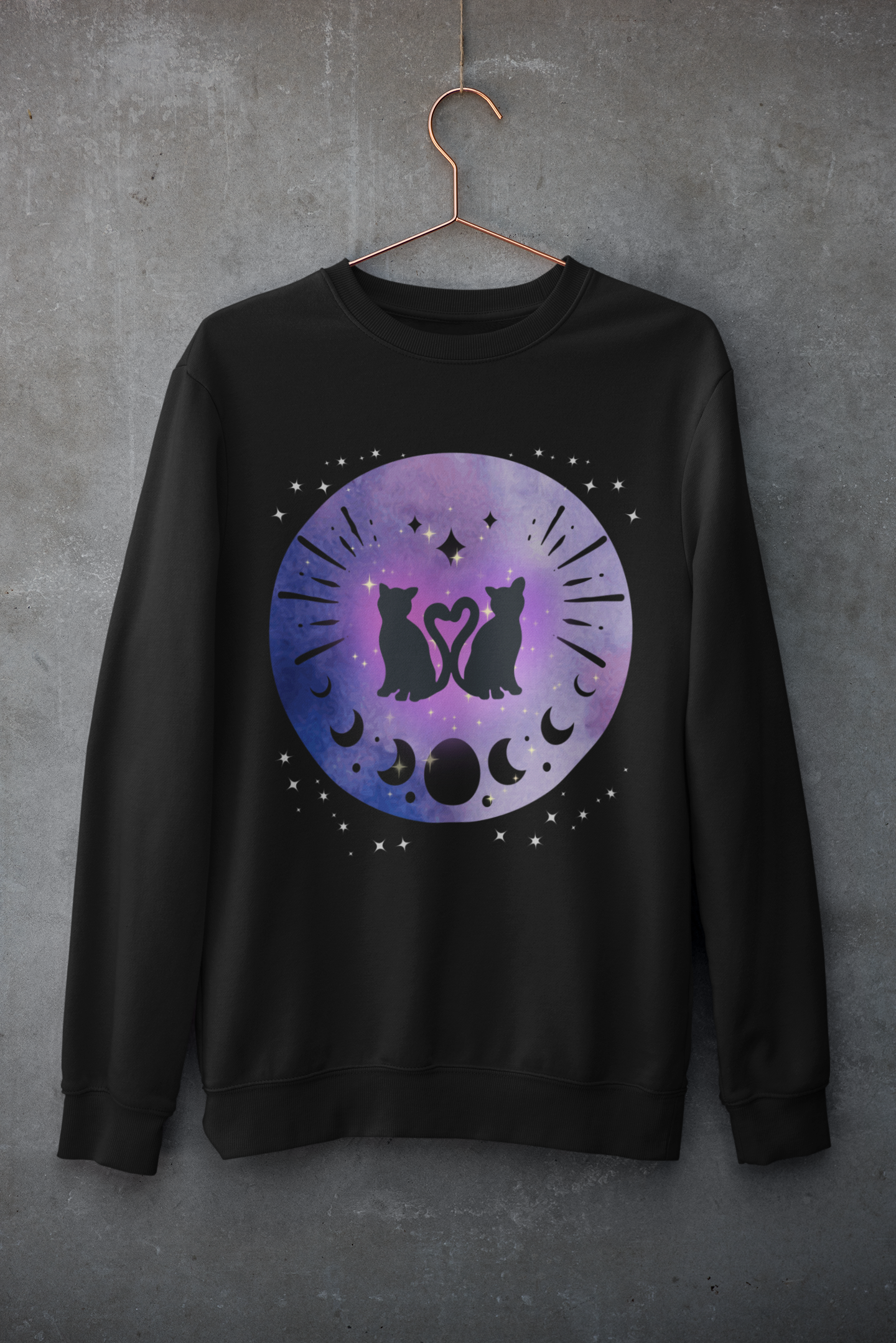 Celestial Twin Cats Heart Moon Crewneck Sweatshirt — Witchy Moon Phase