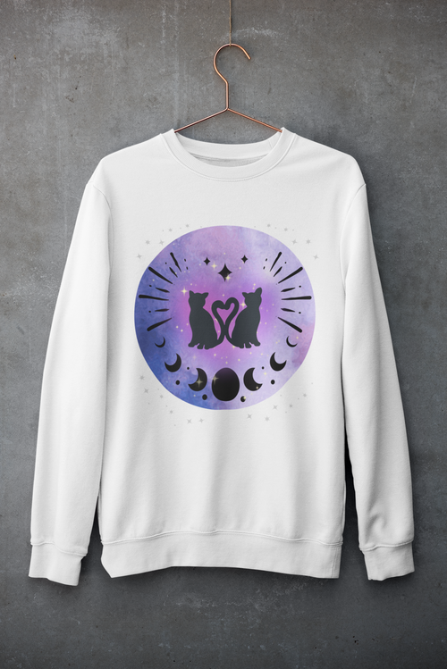 Celestial Twin Cats Heart Moon Crewneck Sweatshirt — Witchy Moon Phase
