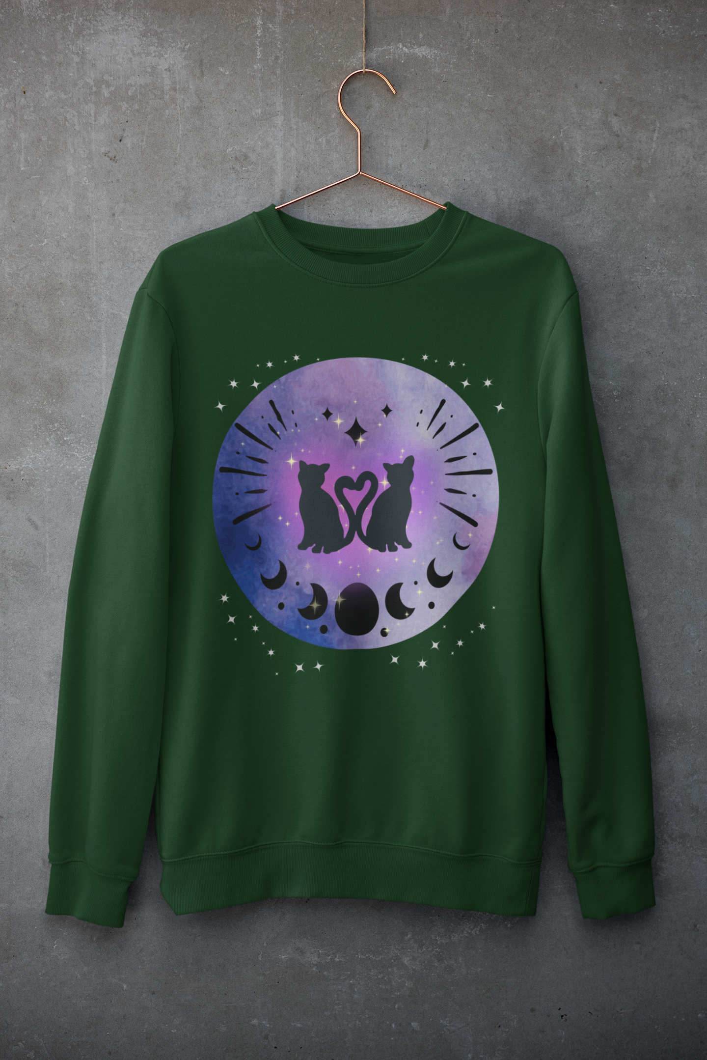 Celestial Twin Cats Heart Moon Crewneck Sweatshirt — Witchy Moon Phase