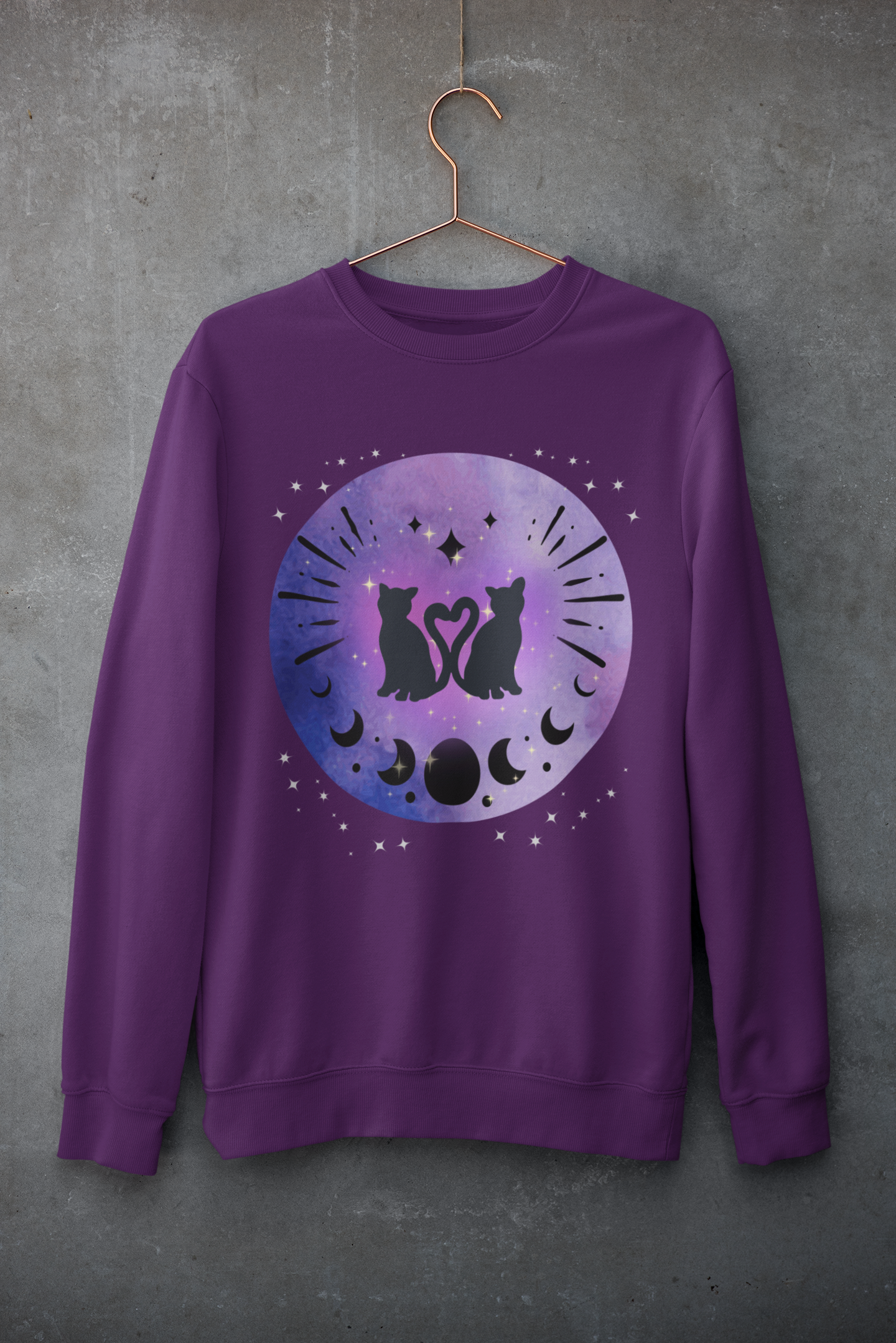 Celestial Twin Cats Heart Moon Crewneck Sweatshirt — Witchy Moon Phase