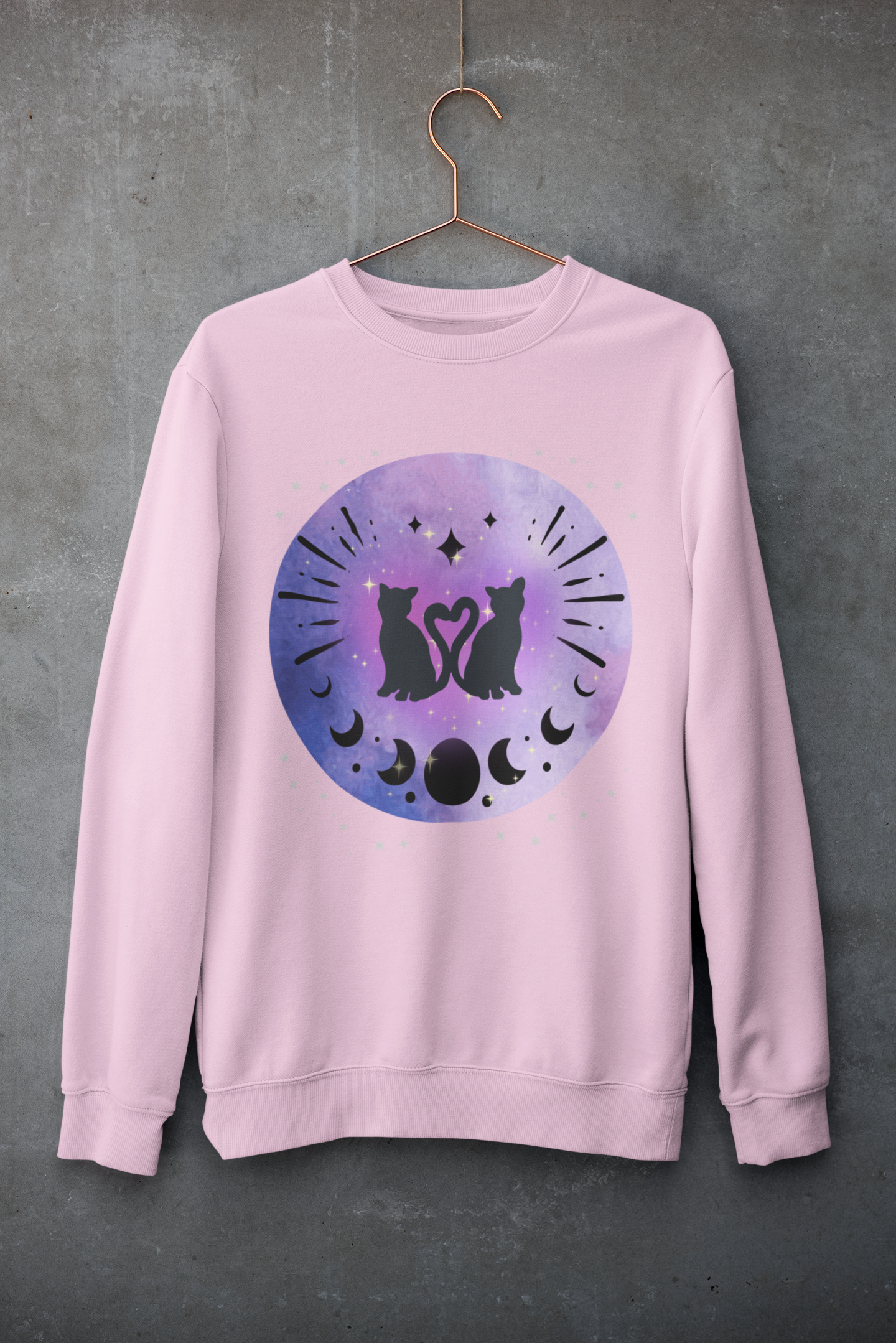 Celestial Twin Cats Heart Moon Crewneck Sweatshirt — Witchy Moon Phase