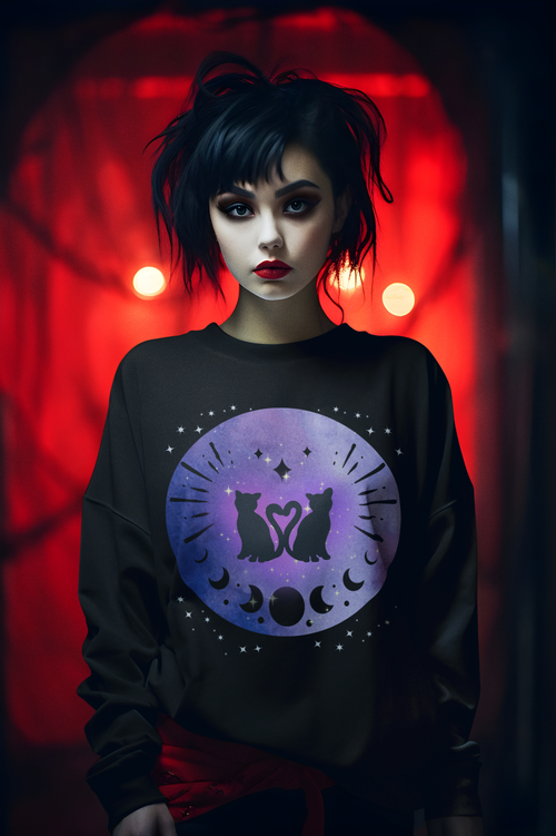Black crewneck sweatshirt with two black cat silhouettes forming a heart with their tails inside a watercolor purple and blue moon disc with moon phases and stars worn by a woman against a red lit background