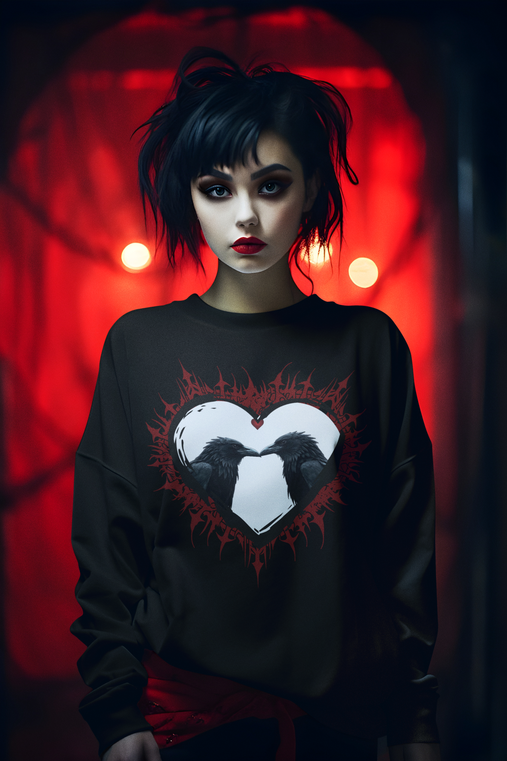 Black crewneck sweatshirt with two ravens facing each other inside a jagged crimson spiked heart with a full moon background worn by a woman against a red lit backdrop