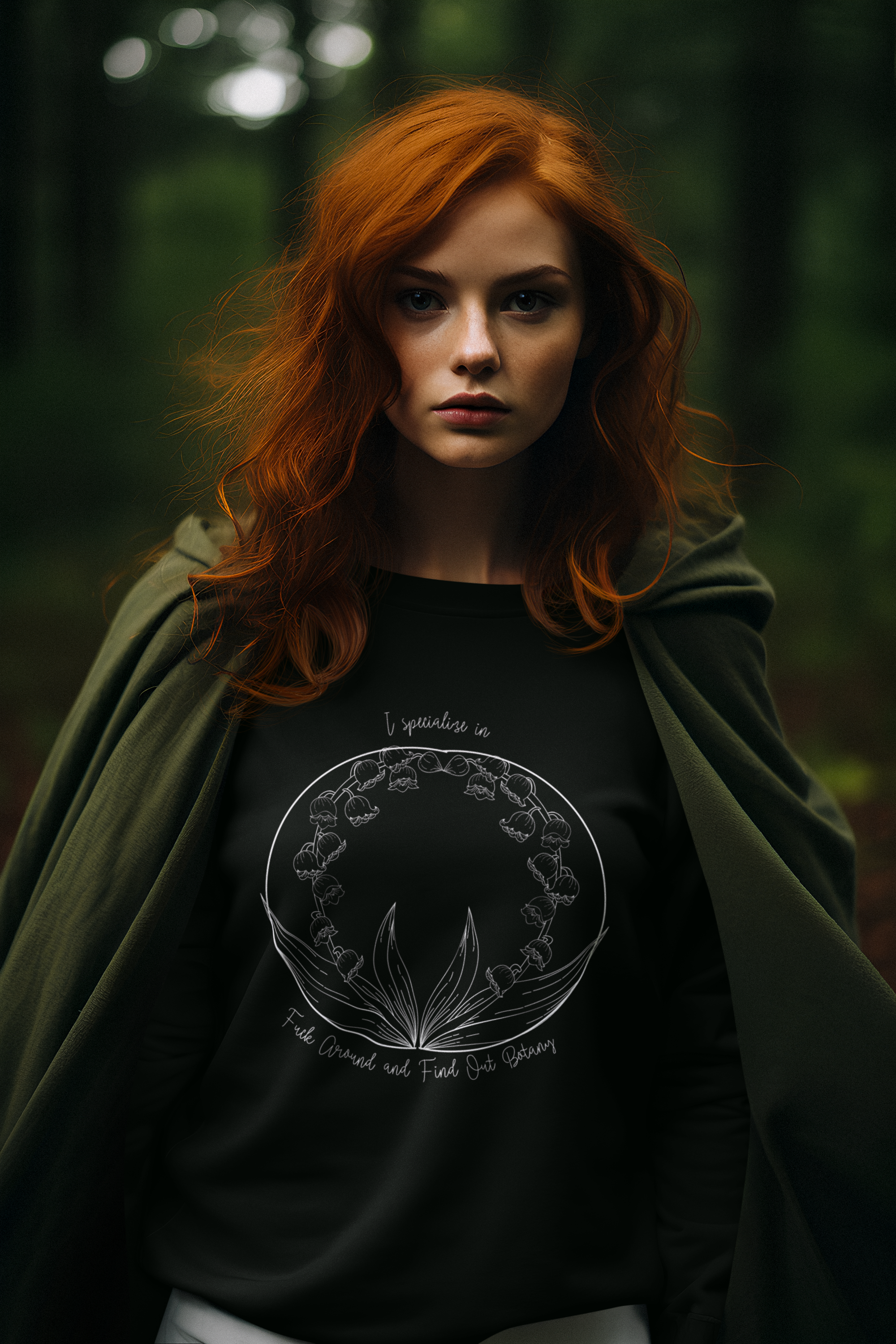 
Black crewneck sweatshirt with white botanical linework lily of the valley wreath and "I Specialise in F*ck Around and Find Out Botany" text worn by a woman in a forest setting