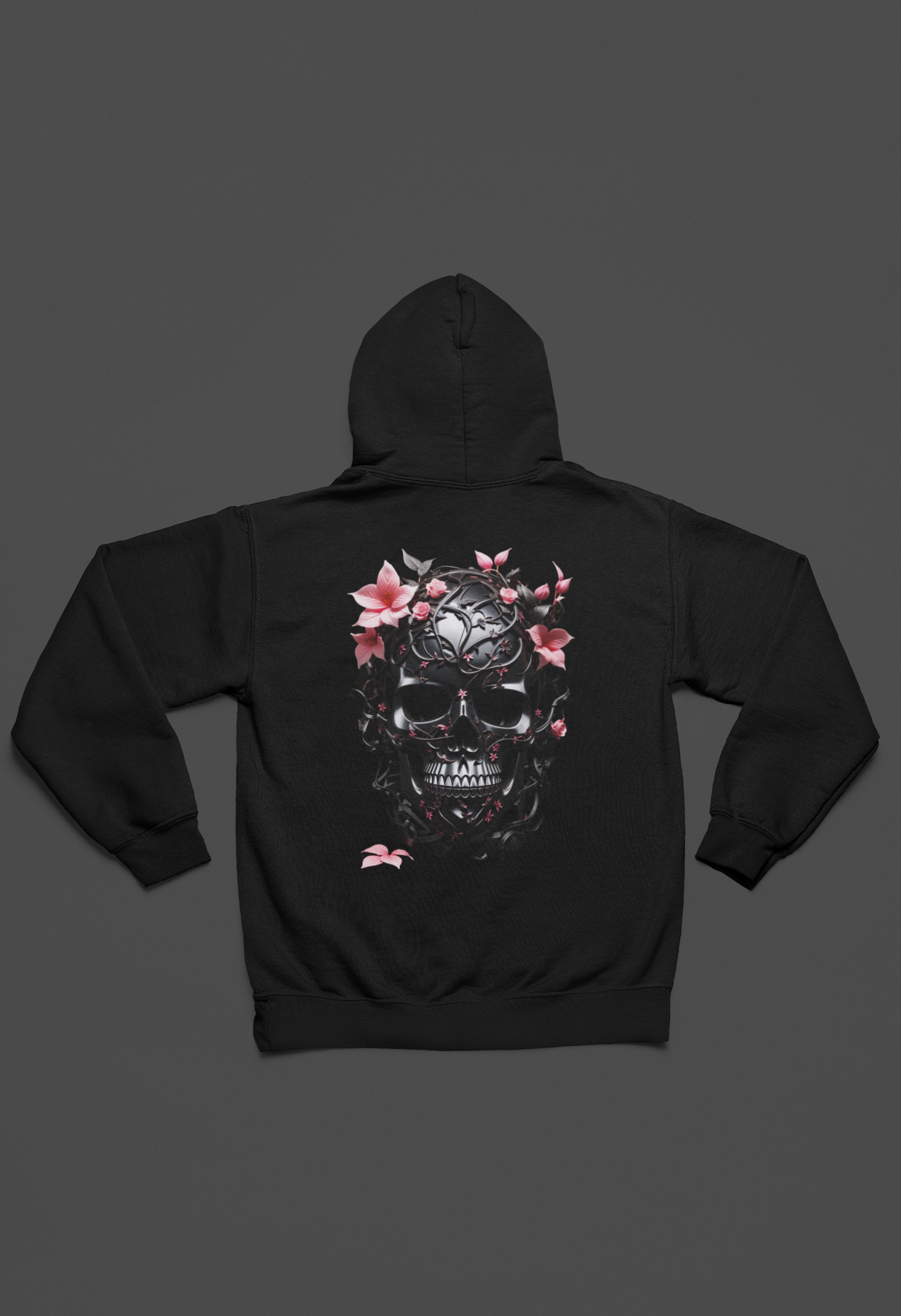 Gothic Floral Skull Hoodie — Black Ornate Skull Pink Flower Back Print Pullover