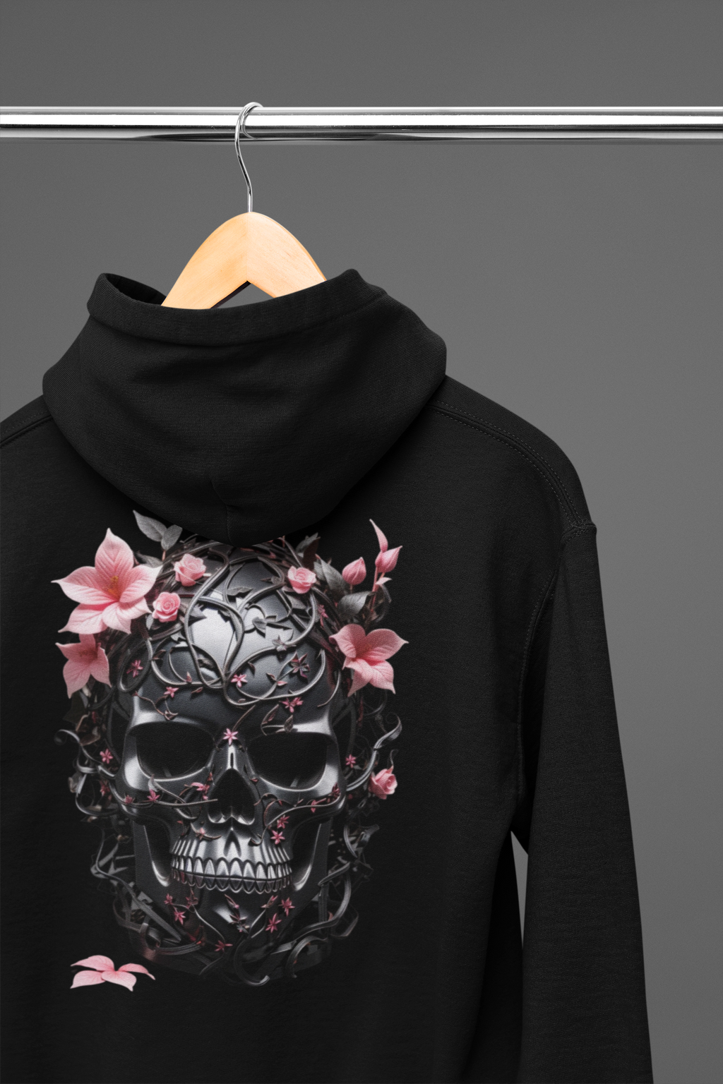 Gothic Floral Skull Hoodie — Black Ornate Skull Pink Flower Back Print Pullover