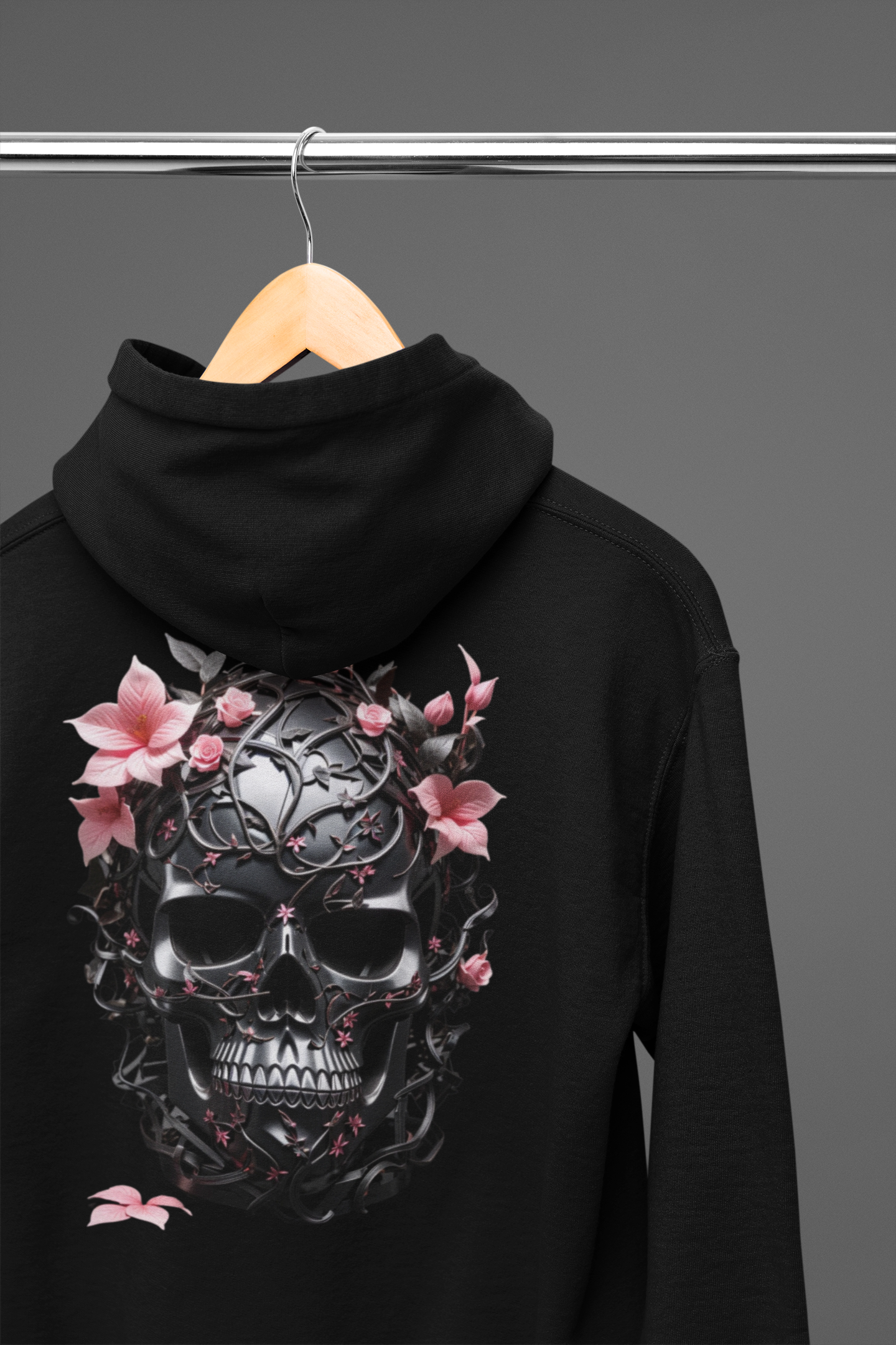 Gothic Floral Skull Hoodie — Black Ornate Skull Pink Flower Back Print Pullover