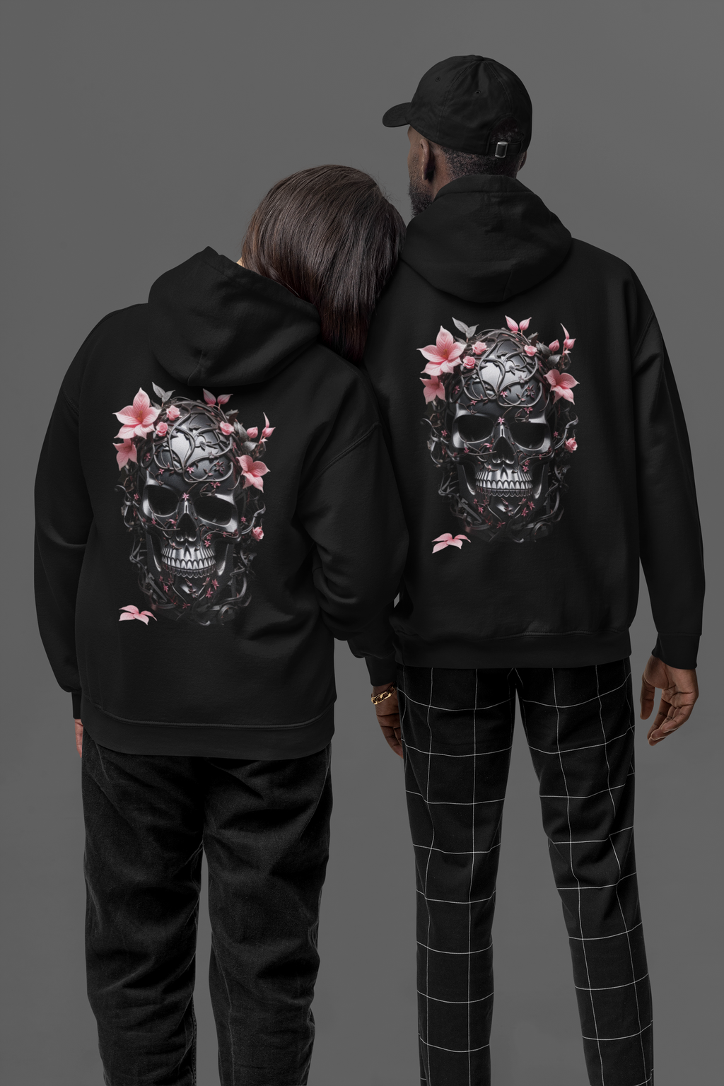 Gothic Floral Skull Hoodie — Black Ornate Skull Pink Flower Back Print Pullover