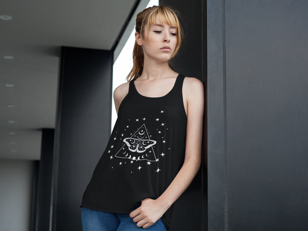 Black racerback tank top with white linework luna moth on occult triangle with crescent moon, moon phase sequence, and scattered star bursts