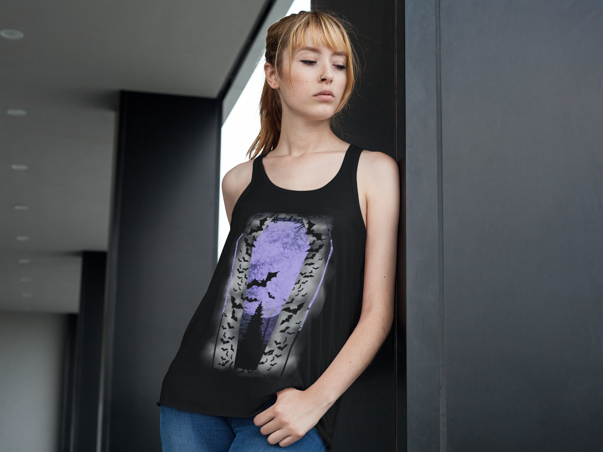 Black racerback tank top with gothic coffin frame containing a dark figure before a purple moon with bats erupting outward into dark space