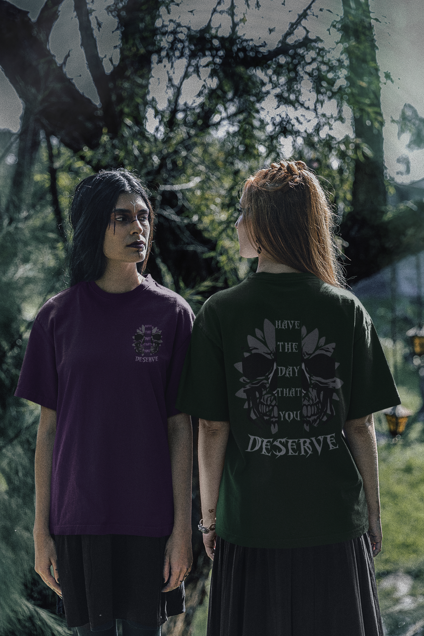 "Have The Day That You Deserve" Botanical Skull T-Shirt — Tonal Gothic Back Print