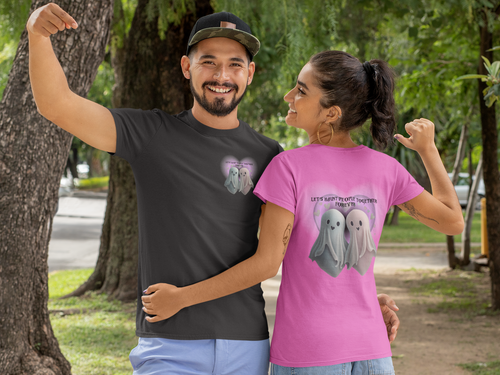 Black and pink t-shirts front and back with two kawaii ghosts inside a glowing purple heart and "Let's Haunt People Together Forever" gothic lettering