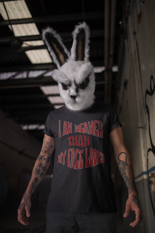 Dark grey t-shirt with bold red retro lettering reading "I Am Meaner Than My Face Looks"