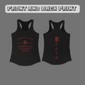 Black racerback tank top front and back with red gothic "I Identify As A Threat" and crowned skull front print and vertical "FAFO" lettering down the back