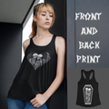 Black racerback tank top with two skeletons embracing in a heart-shaped floral frame on front and "I Will Be Forever Yours" coffin print on back