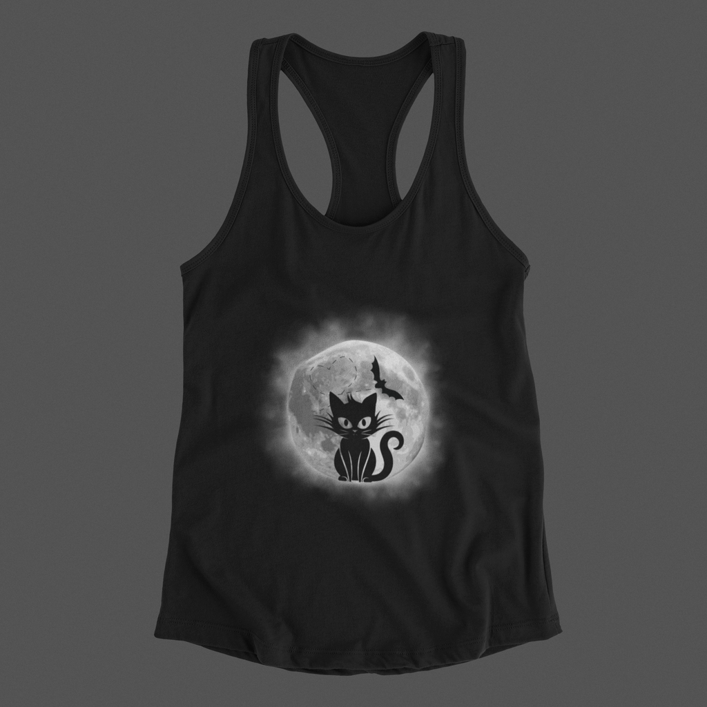 Gothic Black Cat Full Moon Racerback Tank Top — Witchy Sleeveless Shirt