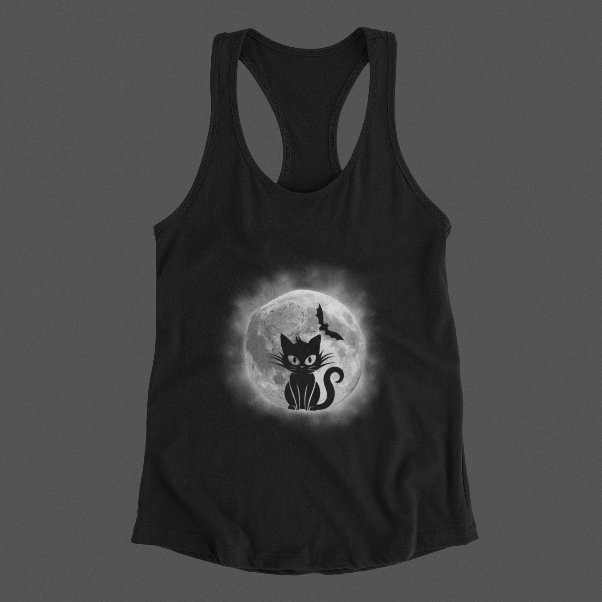 Gothic Black Cat Full Moon Racerback Tank Top — Witchy Sleeveless Shirt