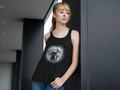 Black racerback tank top with black cat silhouette and bat in flight before a large glowing full moon with soft mist on a black background