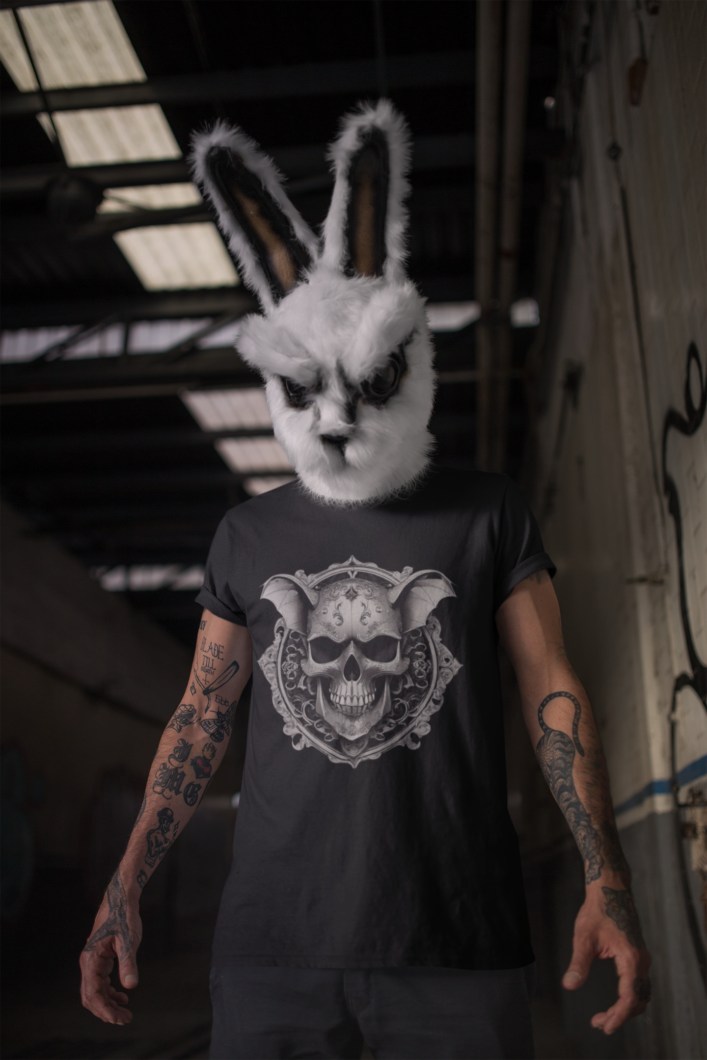 Dark grey t-shirt with detailed greyscale gothic skull with bat wings inside an ornate filigree crest frame with scrollwork and diamond crown accent