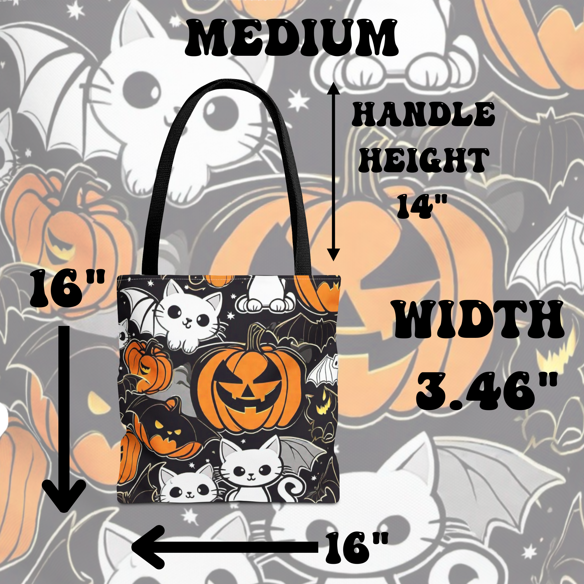 Kawaii Bat Cat Halloween Tote Bag — Dark Pumpkin Pattern
