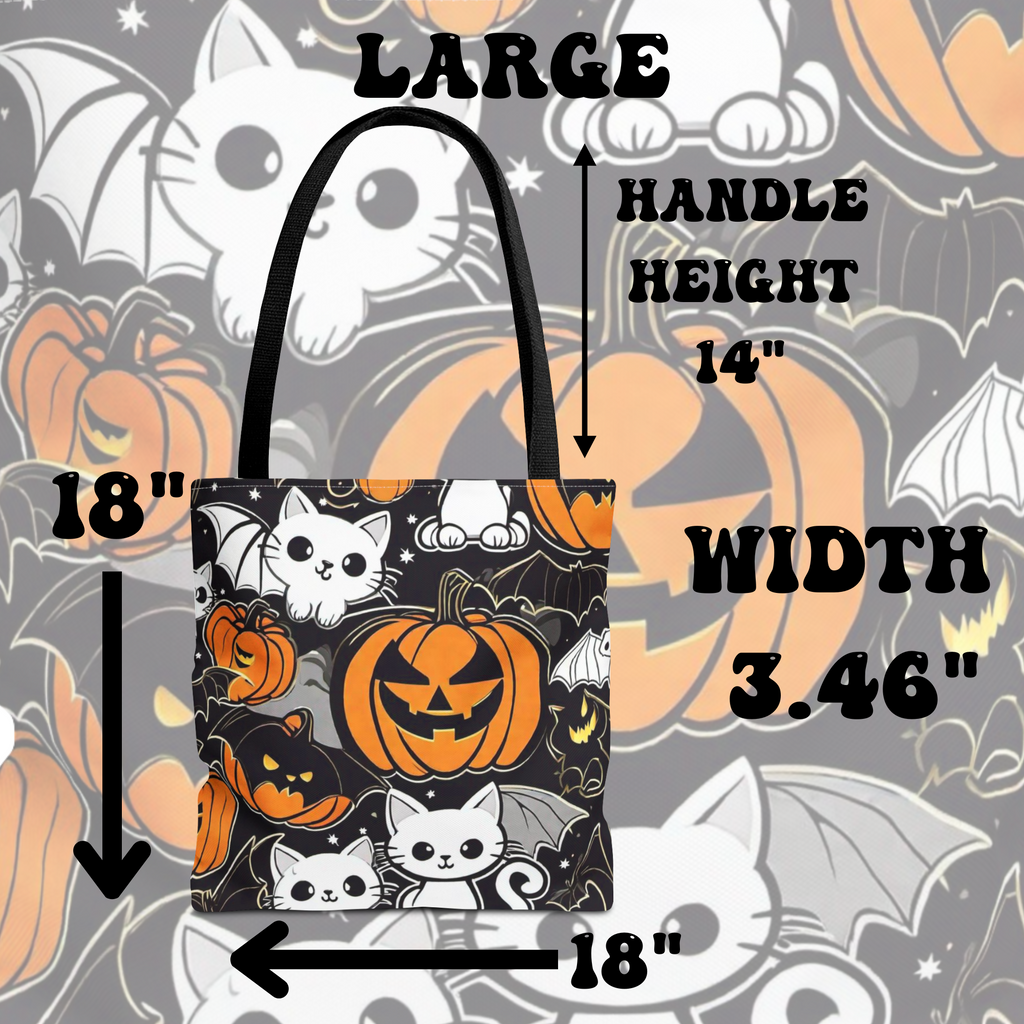 Kawaii Bat Cat Halloween Tote Bag — Dark Pumpkin Pattern