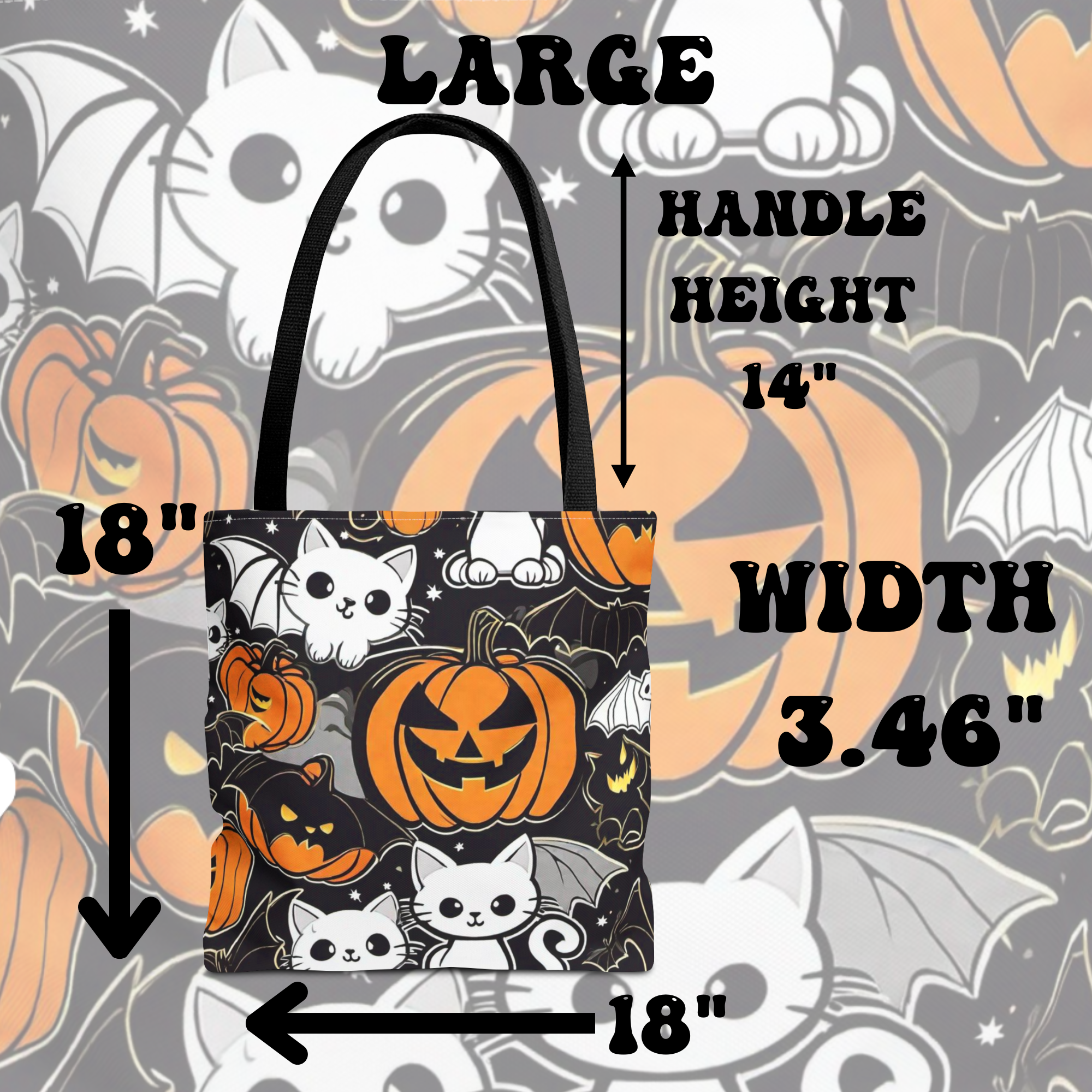 Kawaii Bat Cat Halloween Tote Bag — Dark Pumpkin Pattern
