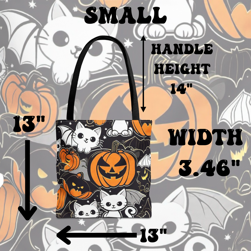 Kawaii Bat Cat Halloween Tote Bag — Dark Pumpkin Pattern
