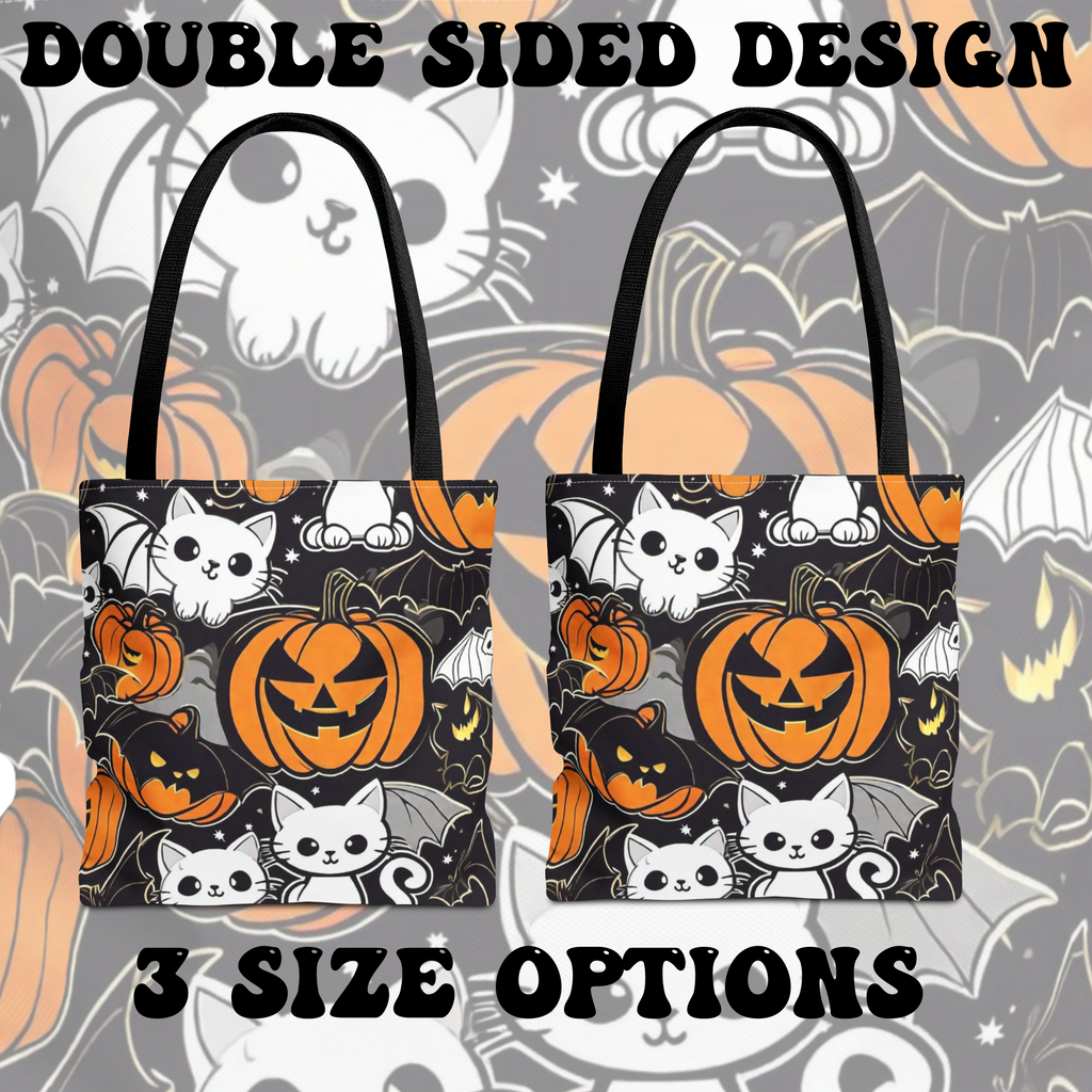 Kawaii Bat Cat Halloween Tote Bag — Dark Pumpkin Pattern