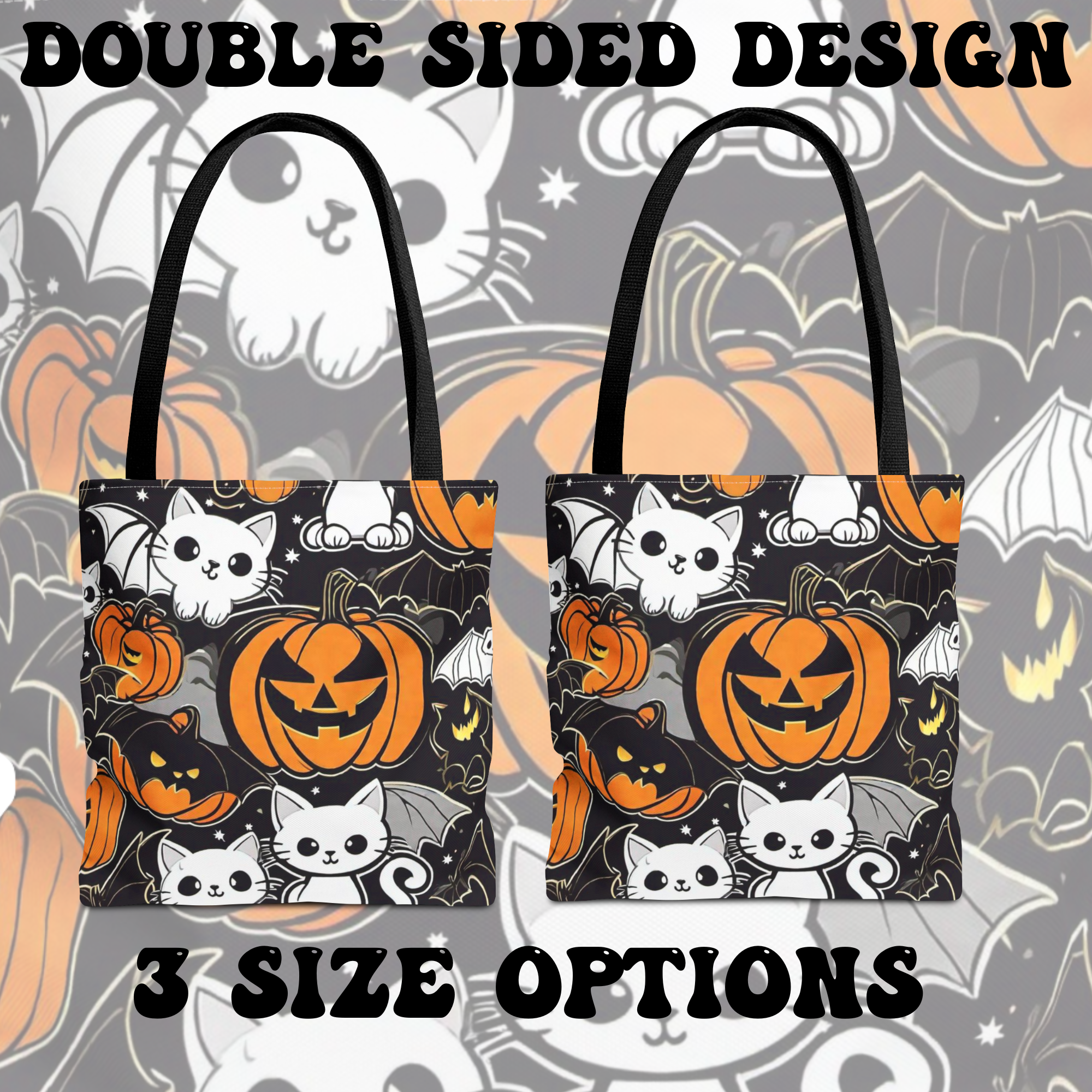 Kawaii Bat Cat Halloween Tote Bag — Dark Pumpkin Pattern