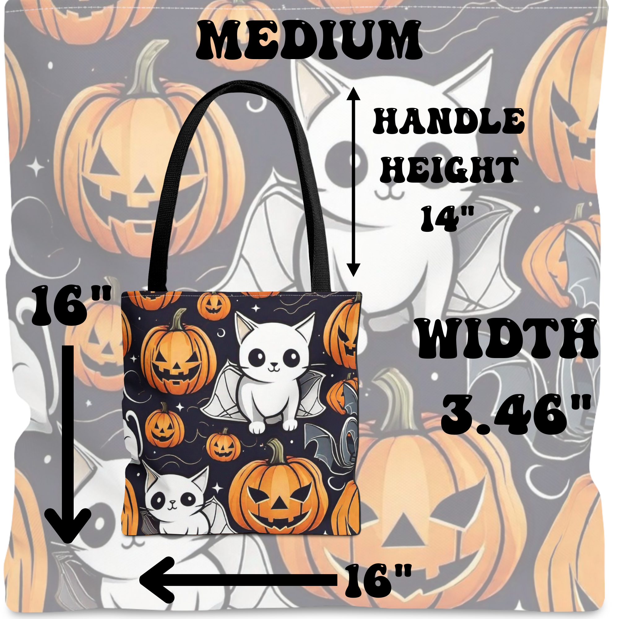 Kawaii Bat Cat Halloween Tote Bag — Spooky Pumpkin Pattern