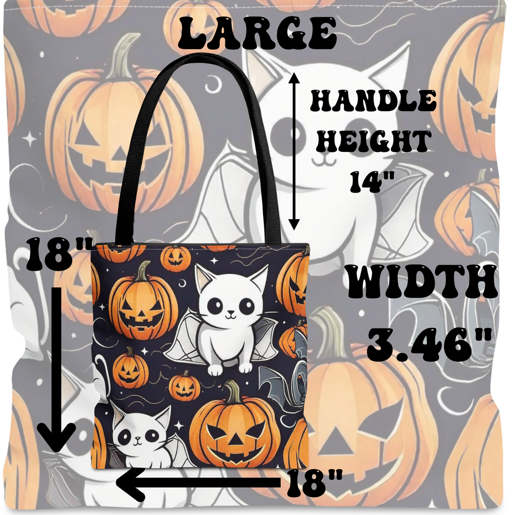 Kawaii Bat Cat Halloween Tote Bag — Spooky Pumpkin Pattern